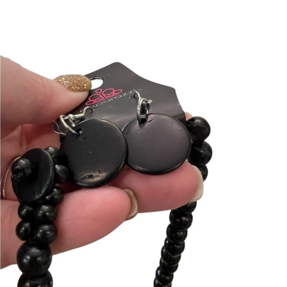 SALE!! 2 for $15 Paparazzi Wooden Bead Necklace Black Silver Earrings Discs Boho - Picture 10 of 11